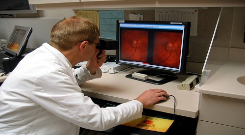 Researcher viewing computer images